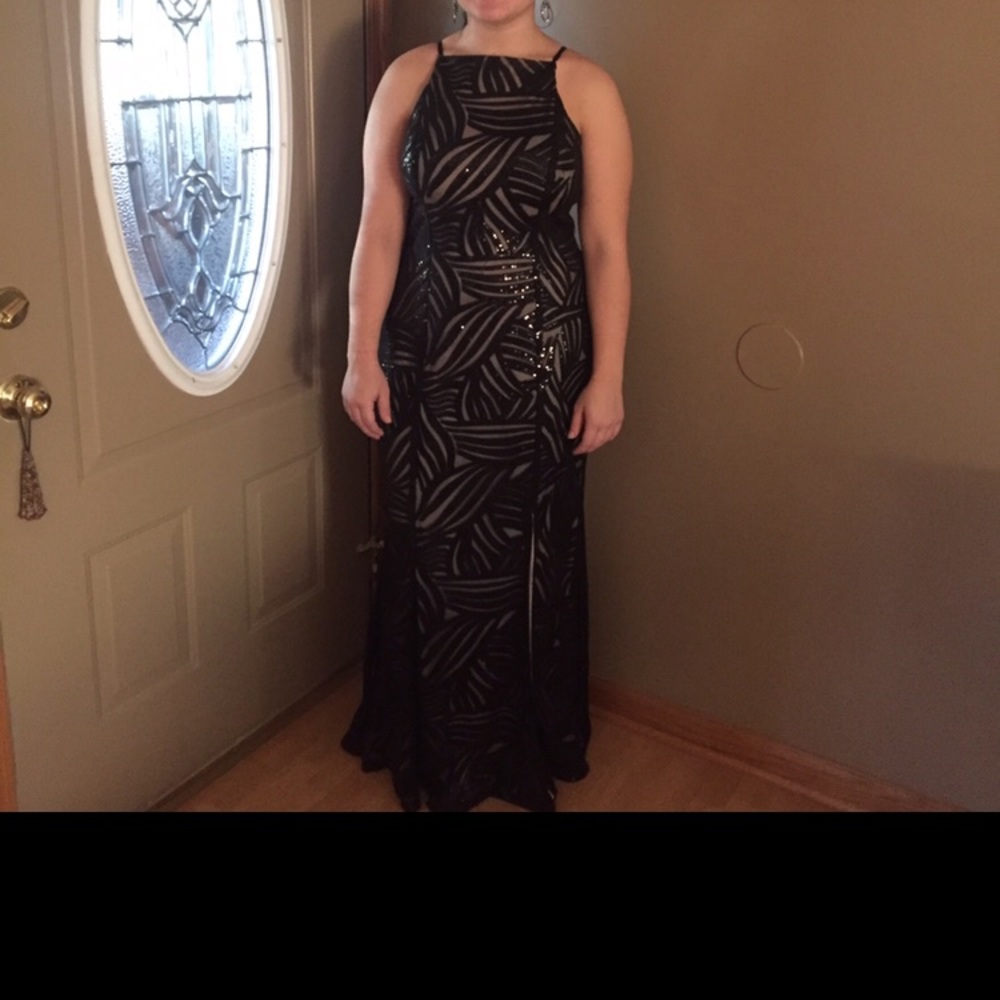 Black and nude sequined prom dress